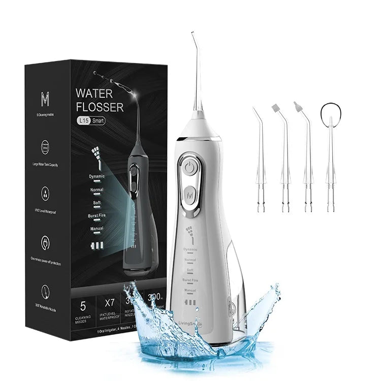 Portable Water Flosser Oral Irrigator – USB Rechargeable, 4 Nozzles, 300ml Tank, IPX7 Waterproof