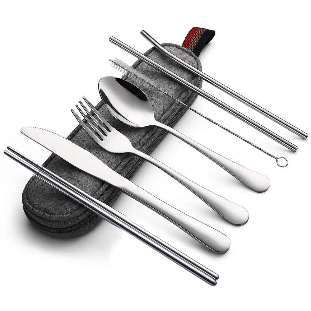 able Travel Cutlery Set with Case – Stainless Steel Spoon, Fork, Chopsticks & Straw