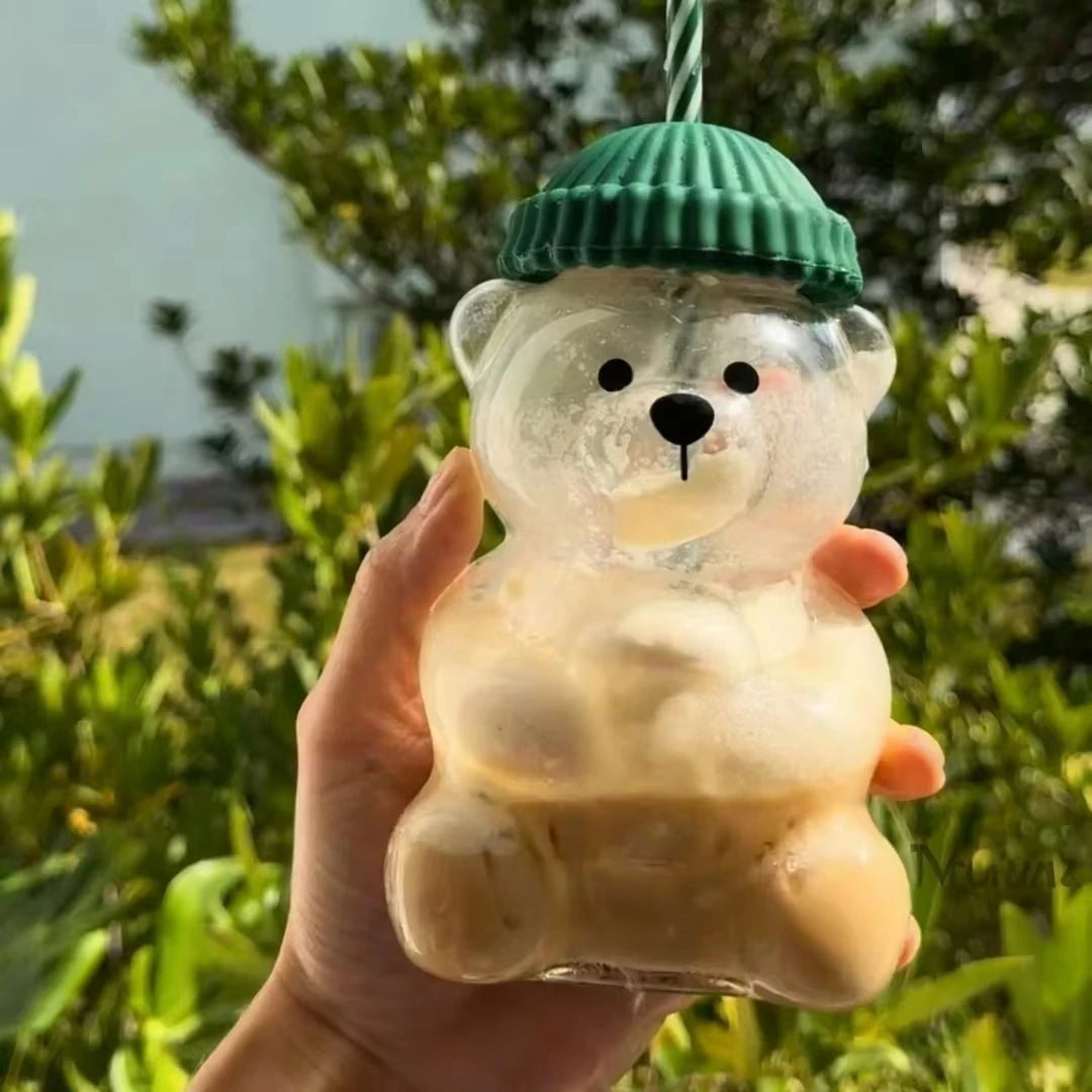 Cute 500ML Cartoon Bear Glass Mug with Straw, Transparent Bear Shaped Coffee & Milk Cup, Creative Reusable Water Juice Drinkwar