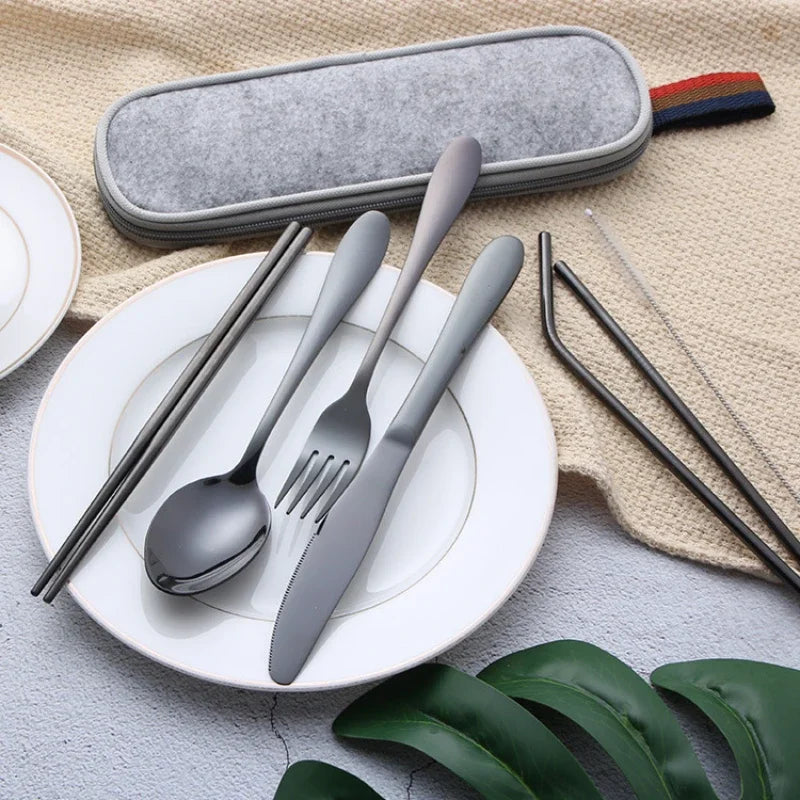 able Travel Cutlery Set with Case – Stainless Steel Spoon, Fork, Chopsticks & Straw