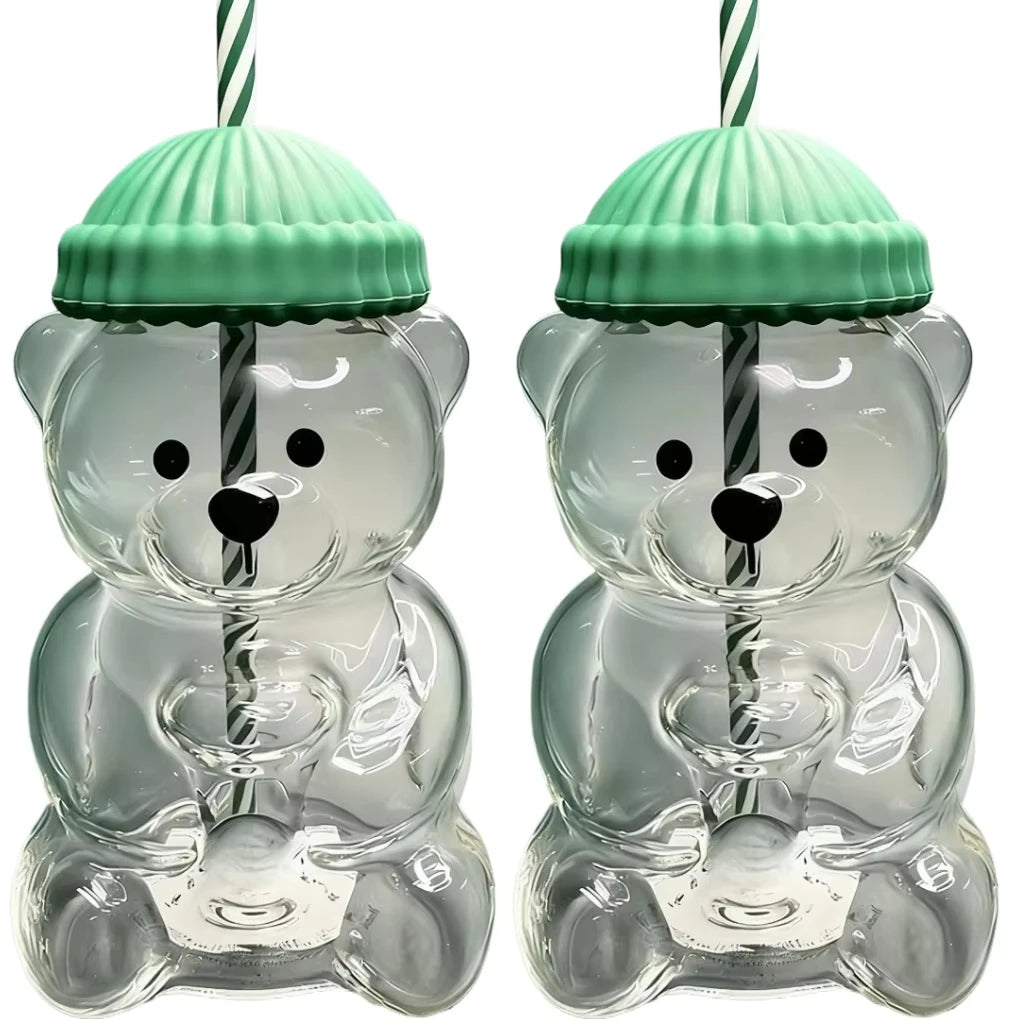 Cute 500ML Cartoon Bear Glass Mug with Straw, Transparent Bear Shaped Coffee & Milk Cup, Creative Reusable Water Juice Drinkwar