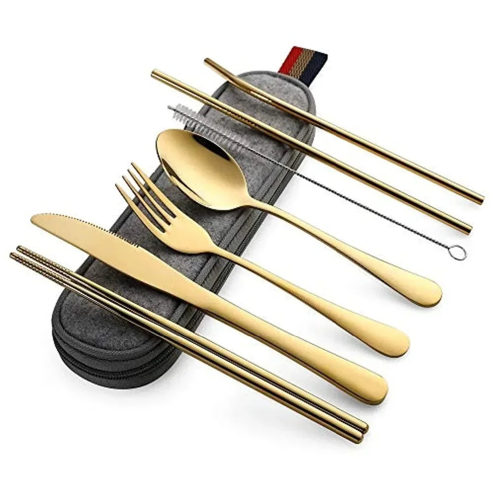 able Travel Cutlery Set with Case – Stainless Steel Spoon, Fork, Chopsticks & Straw