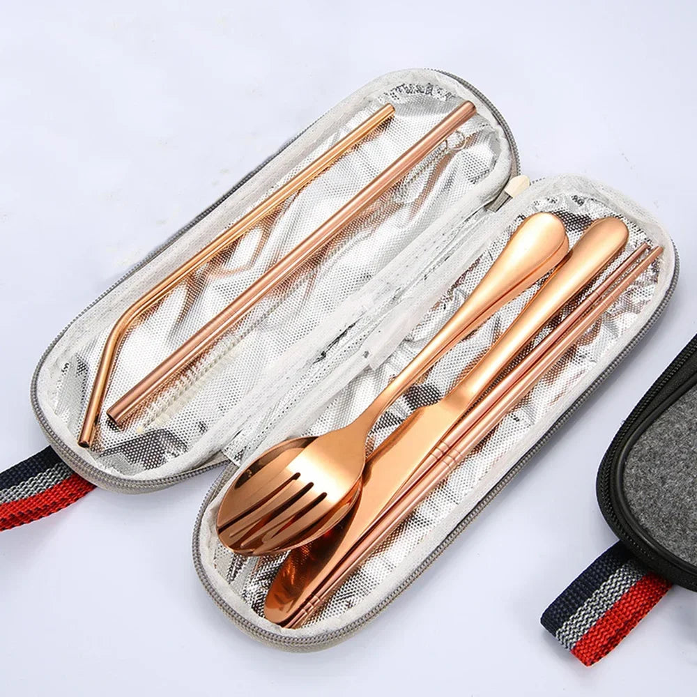 able Travel Cutlery Set with Case – Stainless Steel Spoon, Fork, Chopsticks & Straw