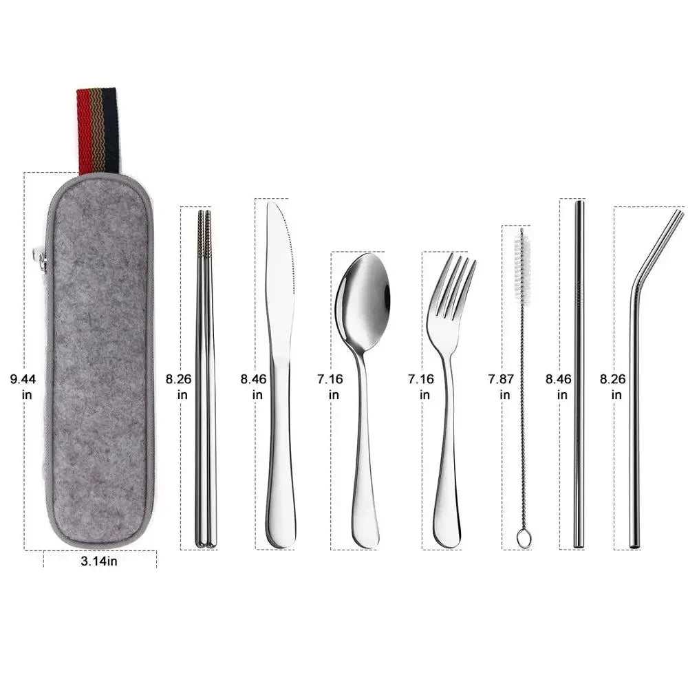 able Travel Cutlery Set with Case – Stainless Steel Spoon, Fork, Chopsticks & Straw