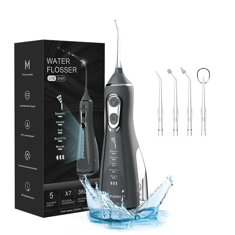 Portable Water Flosser Oral Irrigator – USB Rechargeable, 4 Nozzles, 300ml Tank, IPX7 Waterproof