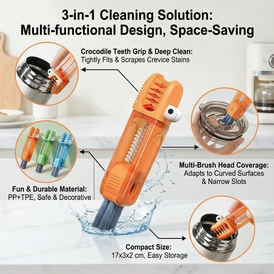 3-in-1 Cup & Bottle Cleaning Brush – Cartoon Crocodile Design with Nylon Bristles for Lids, Gaps & Mugs