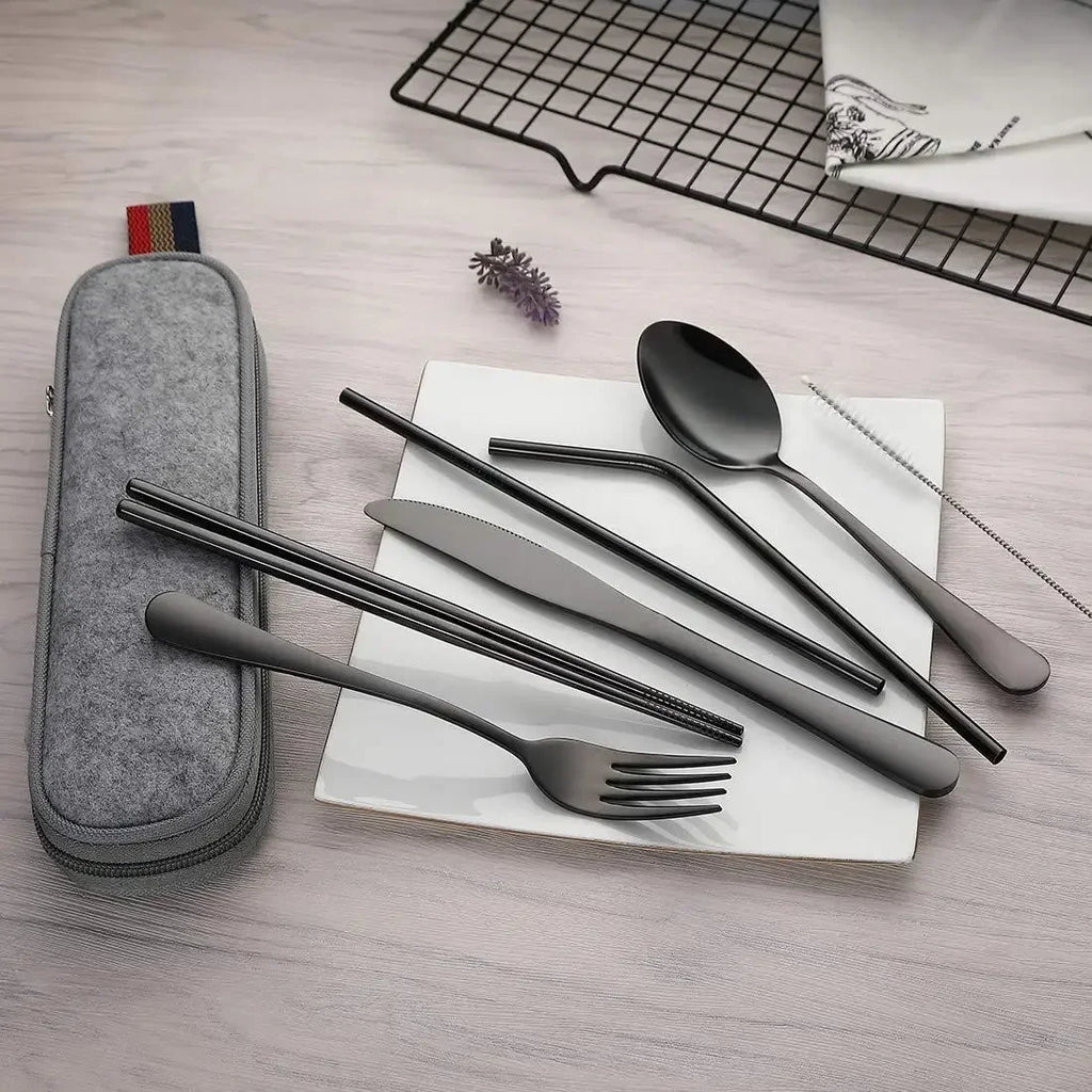 able Travel Cutlery Set with Case – Stainless Steel Spoon, Fork, Chopsticks & Straw