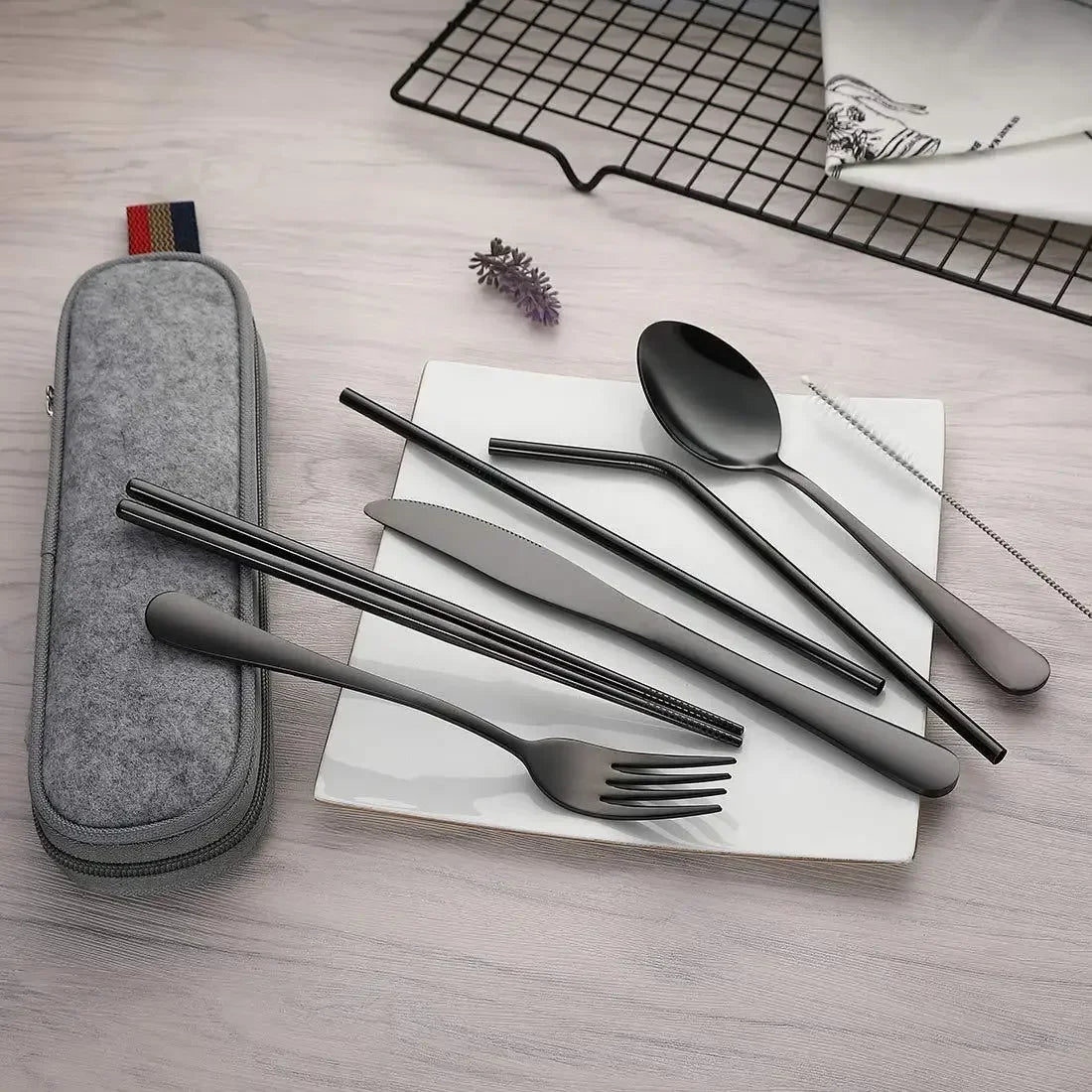 able Travel Cutlery Set with Case – Stainless Steel Spoon, Fork, Chopsticks & Straw