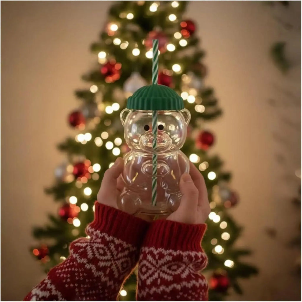 Cute 500ML Cartoon Bear Glass Mug with Straw, Transparent Bear Shaped Coffee & Milk Cup, Creative Reusable Water Juice Drinkwar