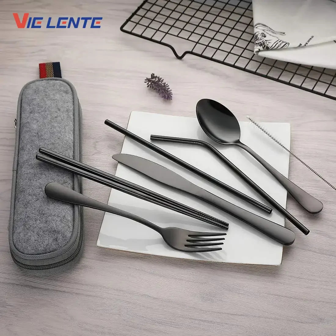 able Travel Cutlery Set with Case – Stainless Steel Spoon, Fork, Chopsticks & Straw