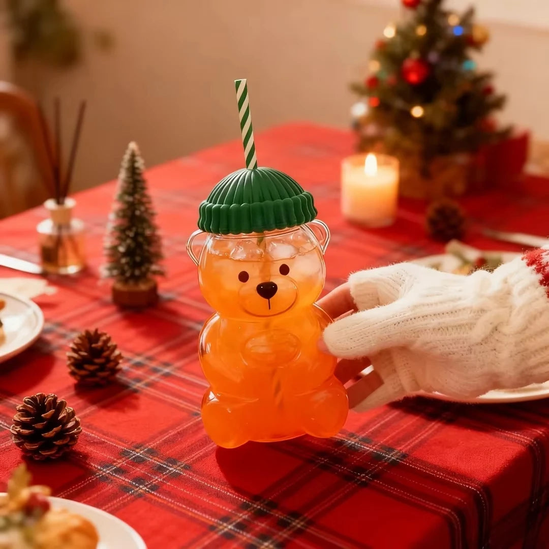 Cute 500ML Cartoon Bear Glass Mug with Straw, Transparent Bear Shaped Coffee & Milk Cup, Creative Reusable Water Juice Drinkwar