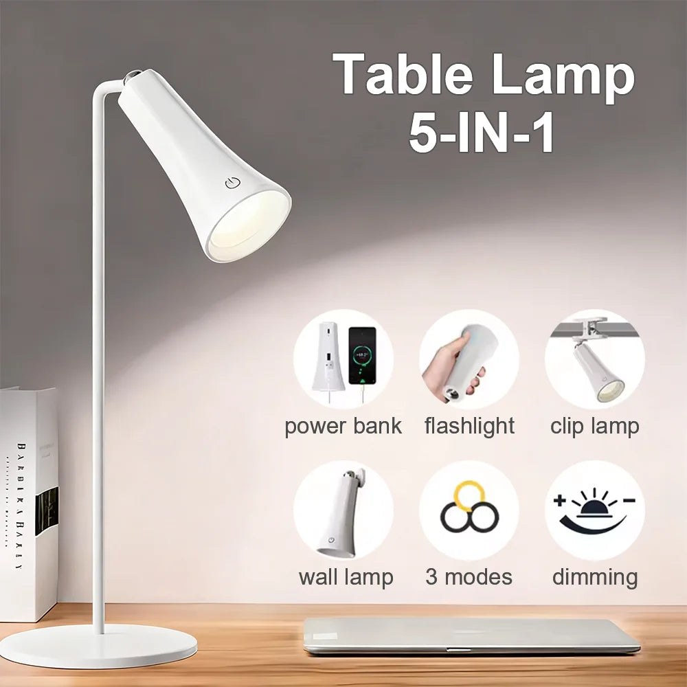 5-in-1 Rechargeable LED Desk Lamp – Eye-Protection Table Lamp with Magnetic Clip, Night Light & Power Bank for Study and Reading
