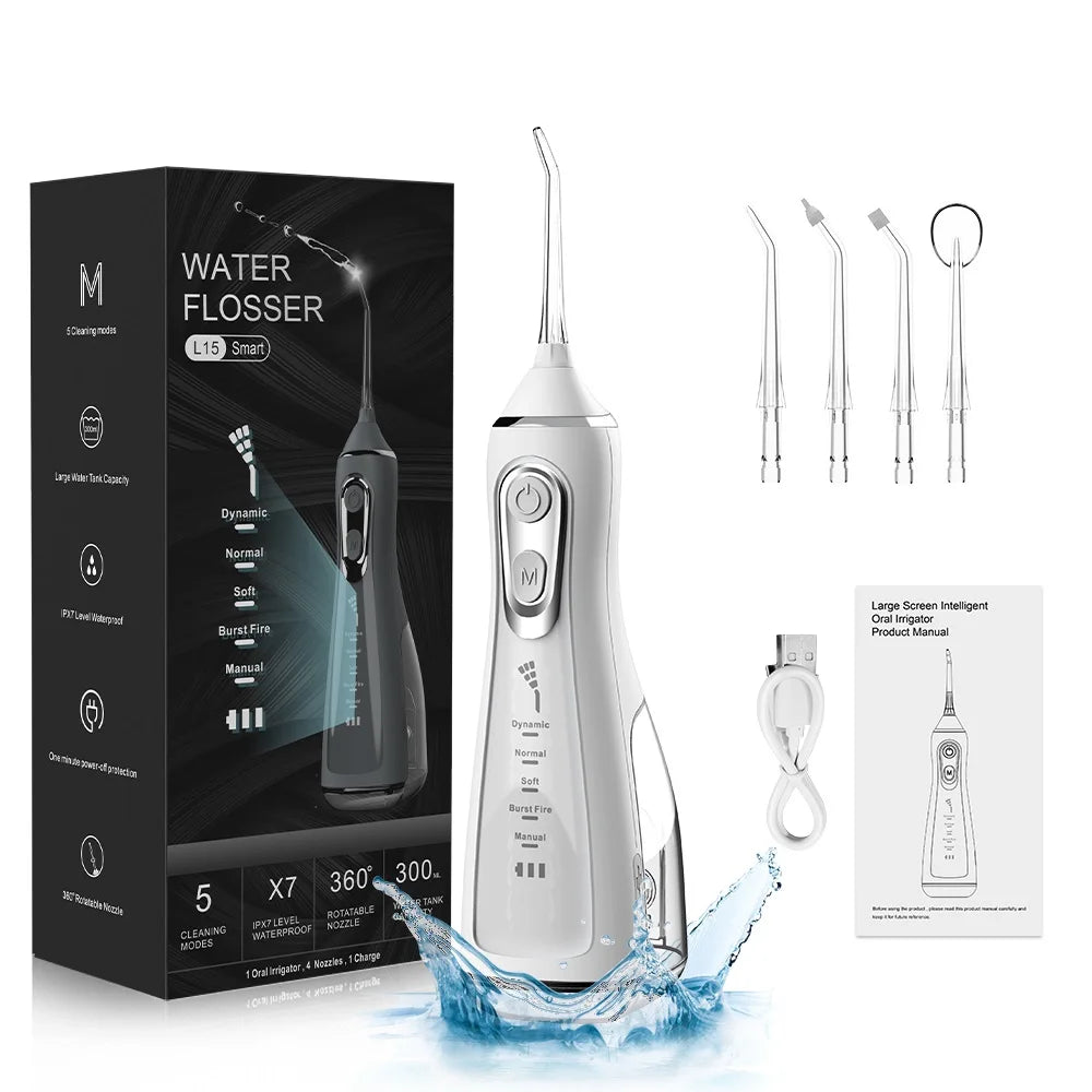 Portable Water Flosser Oral Irrigator – USB Rechargeable, 4 Nozzles, 300ml Tank, IPX7 Waterproof