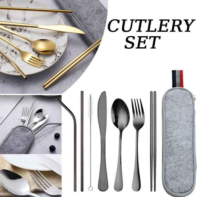 able Travel Cutlery Set with Case – Stainless Steel Spoon, Fork, Chopsticks & Straw