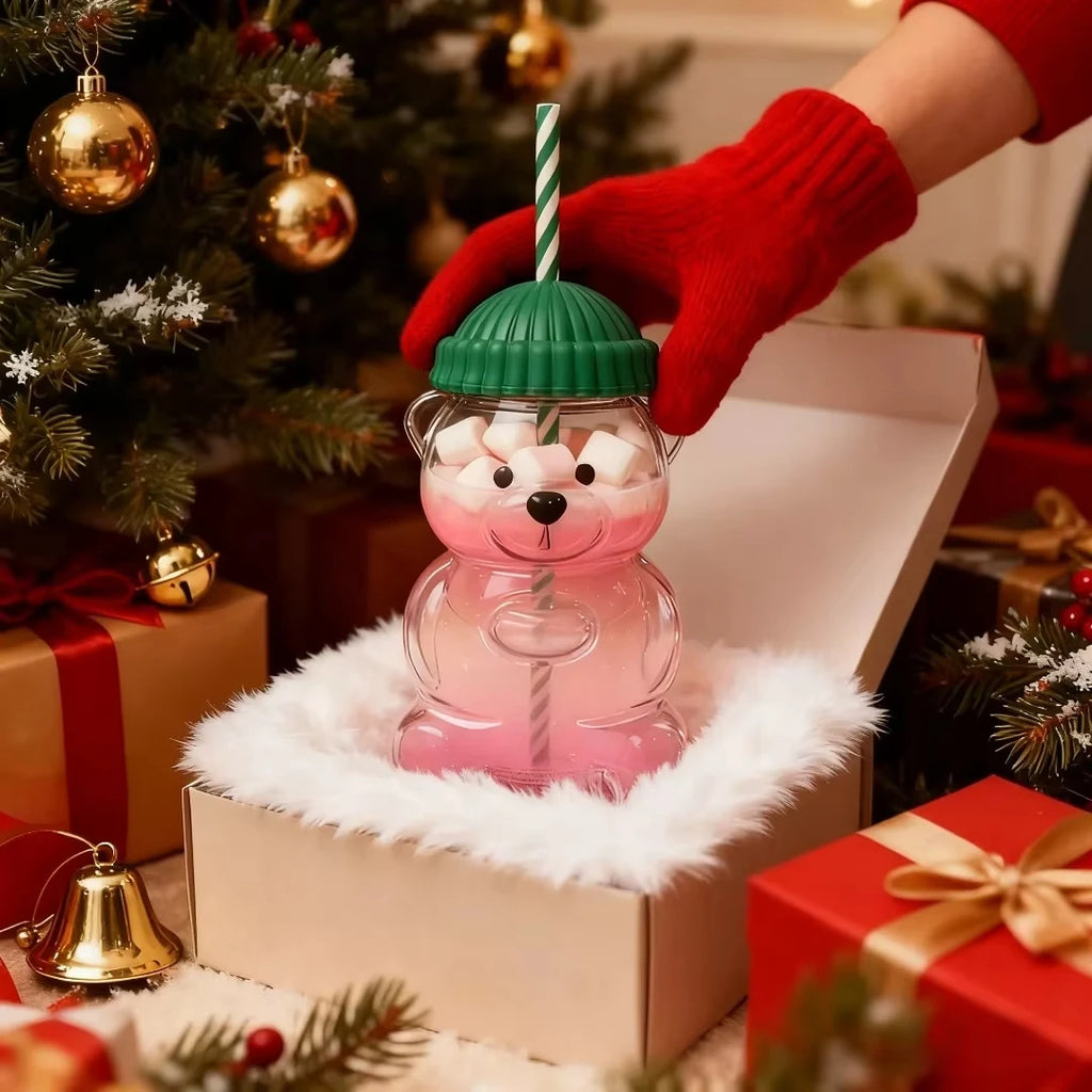 Cute 500ML Cartoon Bear Glass Mug with Straw, Transparent Bear Shaped Coffee & Milk Cup, Creative Reusable Water Juice Drinkwar