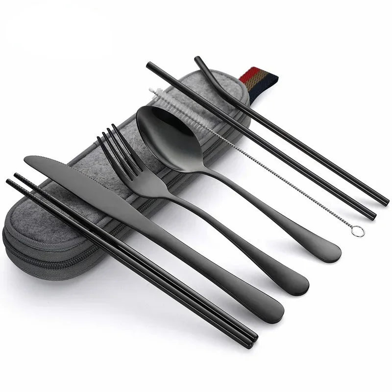 able Travel Cutlery Set with Case – Stainless Steel Spoon, Fork, Chopsticks & Straw