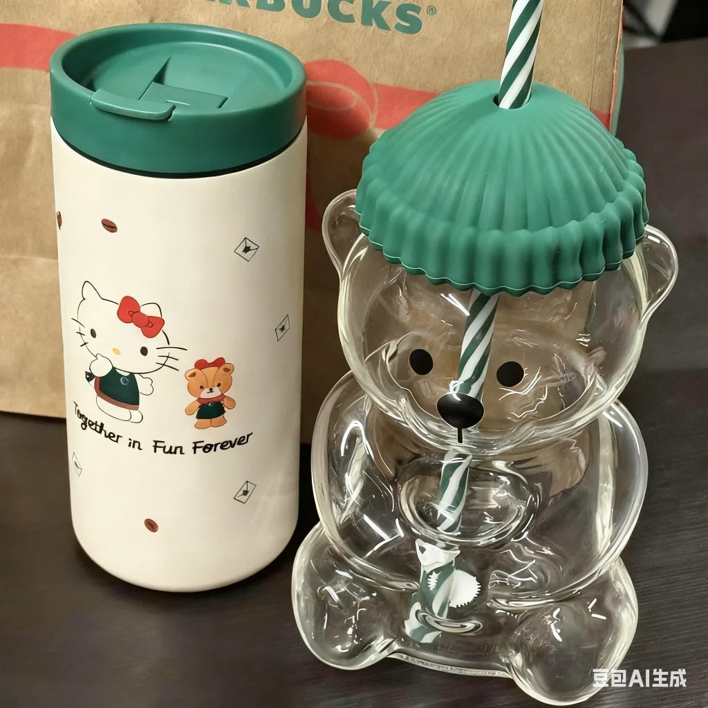 Cute 500ML Cartoon Bear Glass Mug with Straw, Transparent Bear Shaped Coffee & Milk Cup, Creative Reusable Water Juice Drinkwar