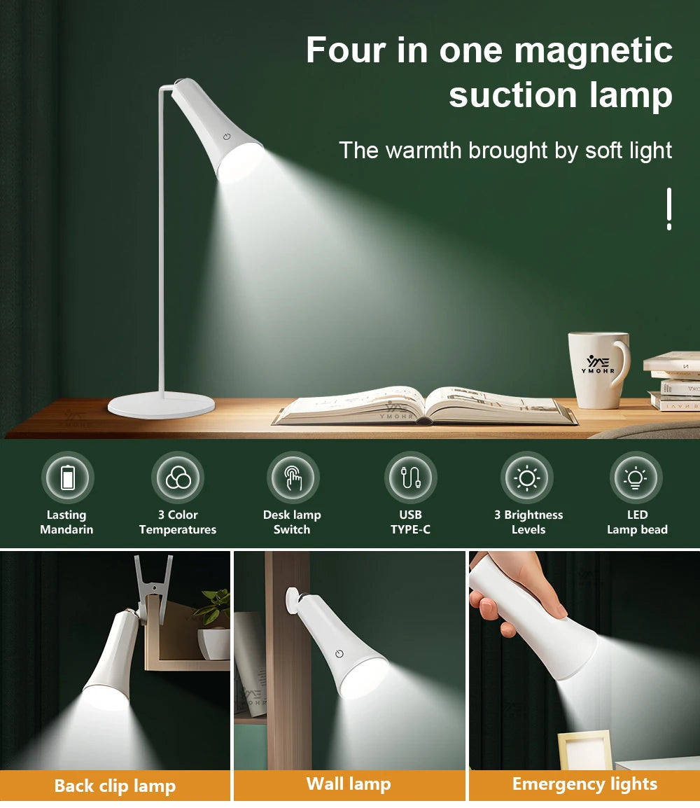 5-in-1 Rechargeable LED Desk Lamp – Eye-Protection Table Lamp with Magnetic Clip, Night Light & Power Bank for Study and Reading