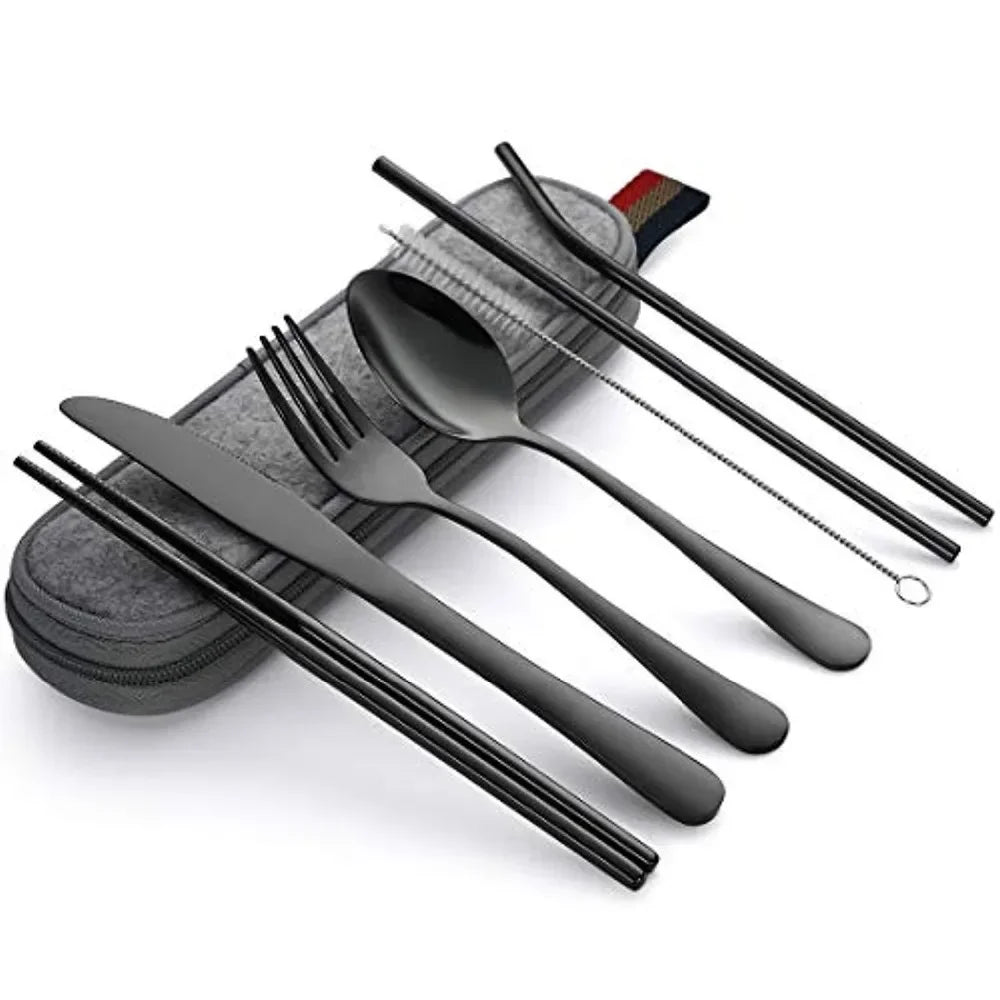 able Travel Cutlery Set with Case – Stainless Steel Spoon, Fork, Chopsticks & Straw