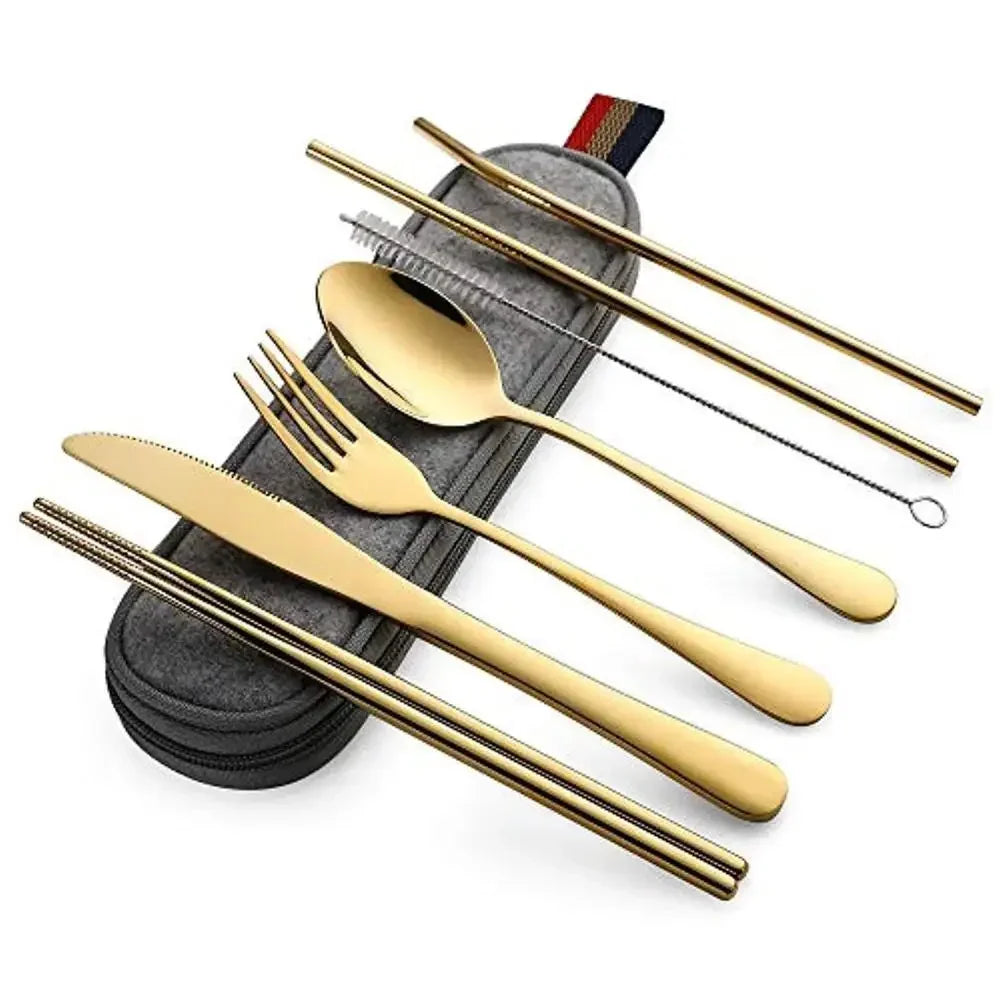 able Travel Cutlery Set with Case – Stainless Steel Spoon, Fork, Chopsticks & Straw
