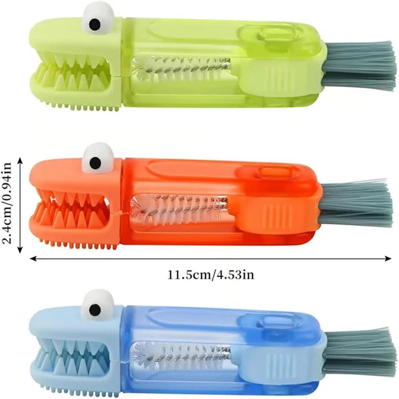 3-in-1 Cup & Bottle Cleaning Brush – Cartoon Crocodile Design with Nylon Bristles for Lids, Gaps & Mugs